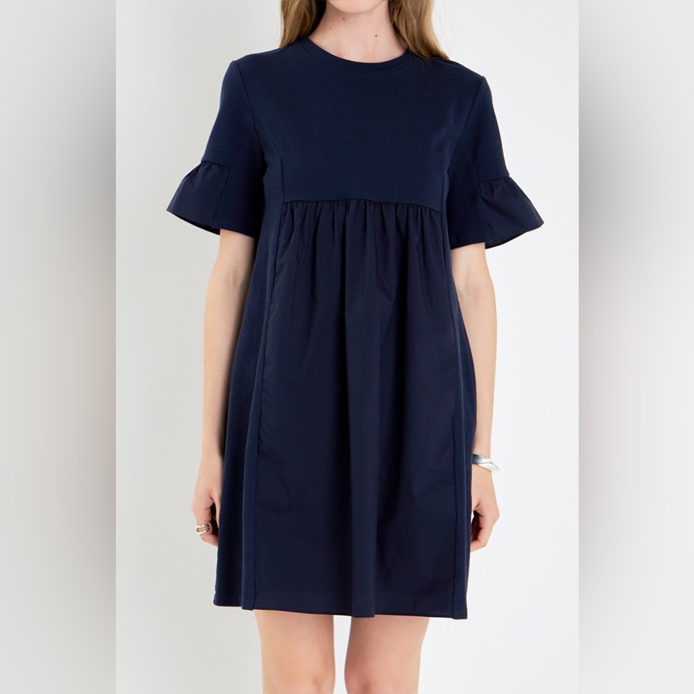 English Factory Mixed Media Short-Sleeve Mini Dress Navy NWT Y2K Bell Sz Small S